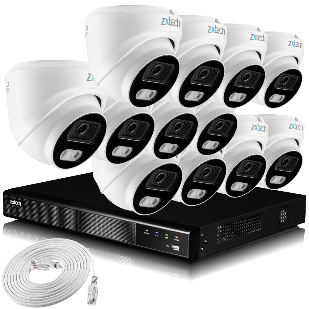 Zxtech 4K CCTV System - 12 x IP PoE Cameras Audio Recording Face Detection Outdoor Sony Starvis | RX12A16X