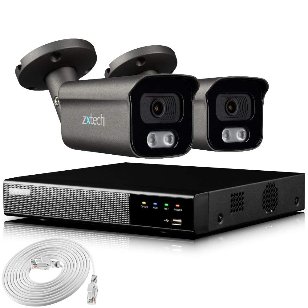 Zxtech 4K CCTV System - 2 x IP PoE Cameras Audio Recording Face Detection Outdoor Sony Starvis | RX2F4Z