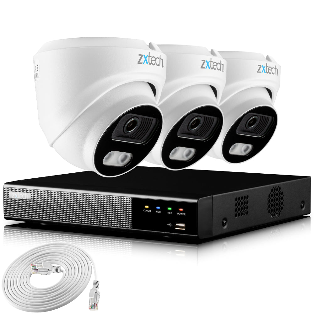 Zxtech 4K CCTV System - 3 x IP PoE Cameras Audio Recording Face Detection Outdoor Sony Starvis | RX3A4Z