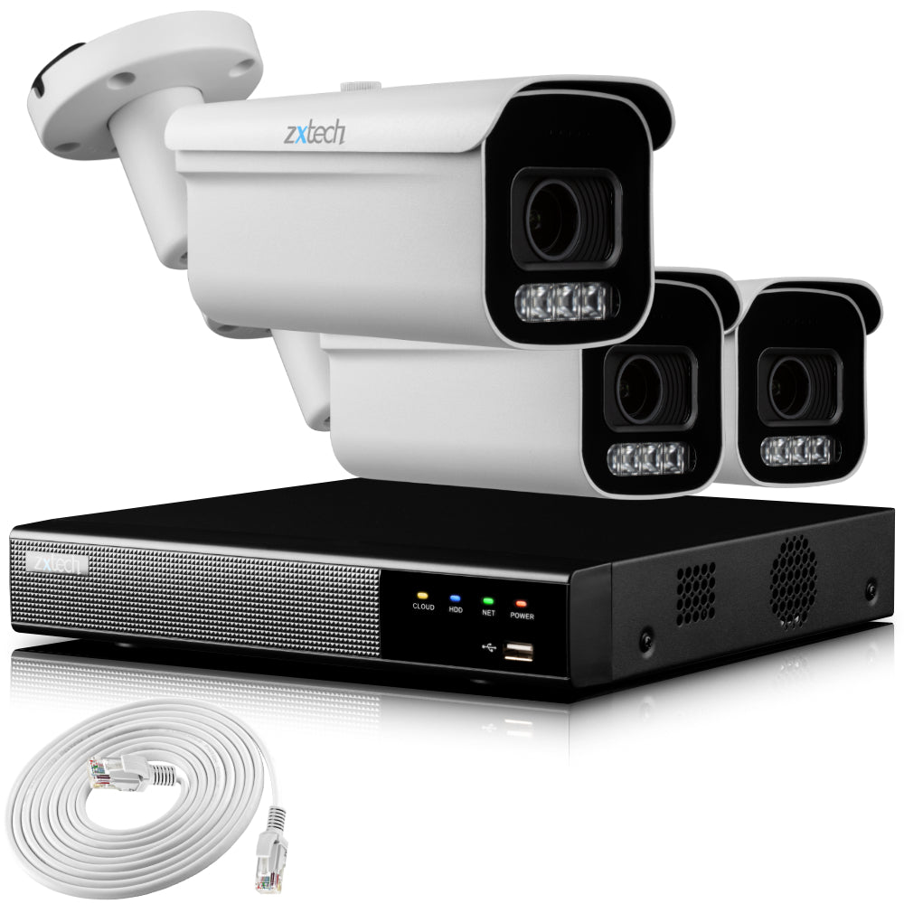 Zxtech 4K CCTV System - 3 x IP PoE Cameras Motorised Lens Face Detection Outdoor Sony Starvis Enhanced Night Vision | RX3D4Z