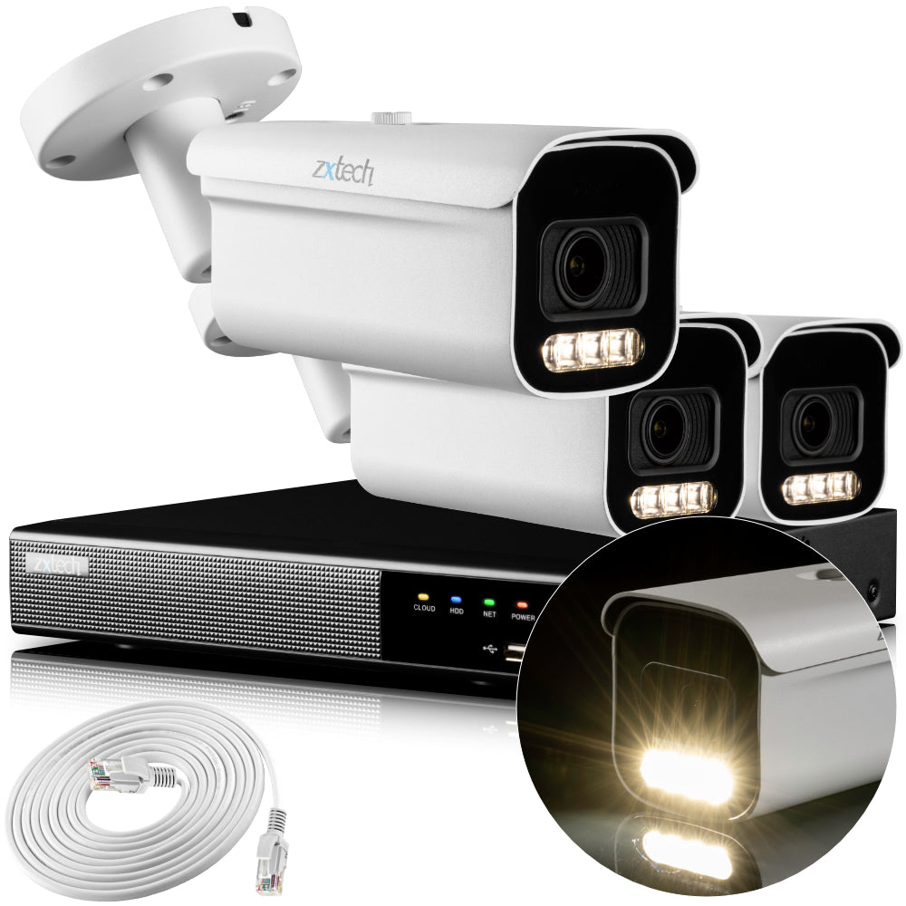 Zxtech 4K CCTV System - 3 x IP PoE Cameras Motorised Lens Face Detection Outdoor Sony Starvis Enhanced Night Vision | RX3D4Z