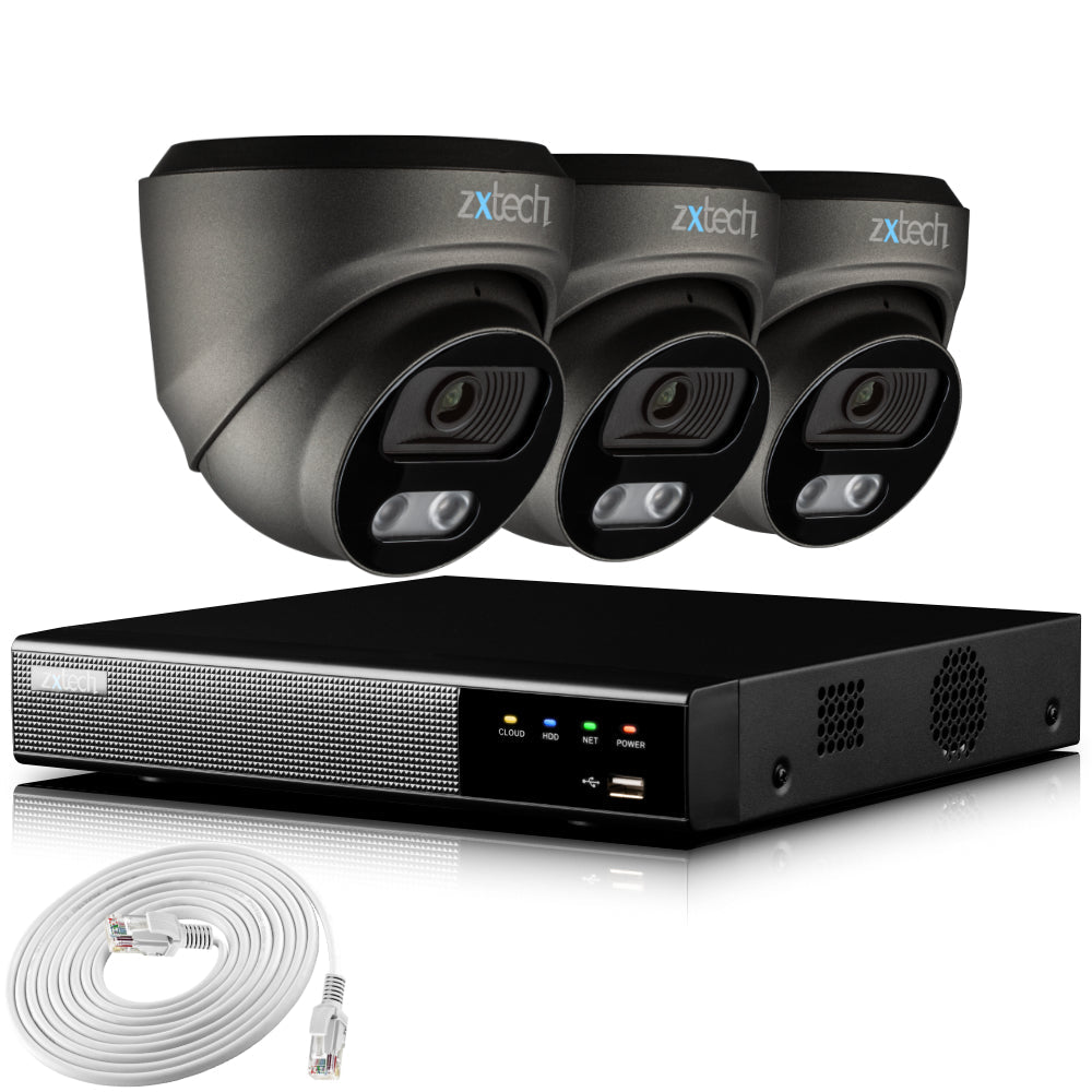 Zxtech 4K CCTV System - 3 x IP PoE Cameras Audio Recording Face Detection Outdoor Sony Starvis | RX3E4Z