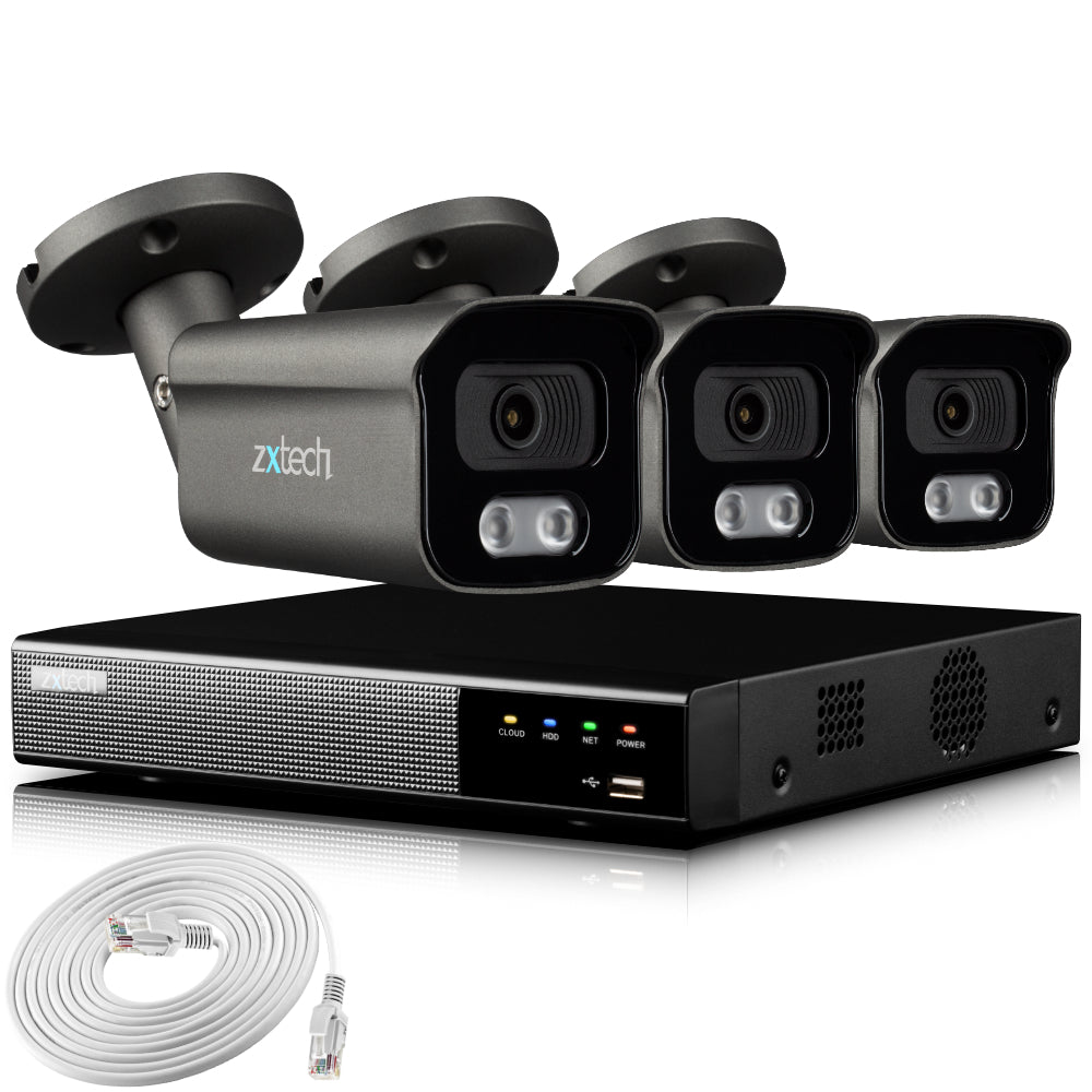 Zxtech 4K CCTV System - 3 x IP PoE Cameras Audio Recording Face Detection Outdoor Sony Starvis | RX3F4Z