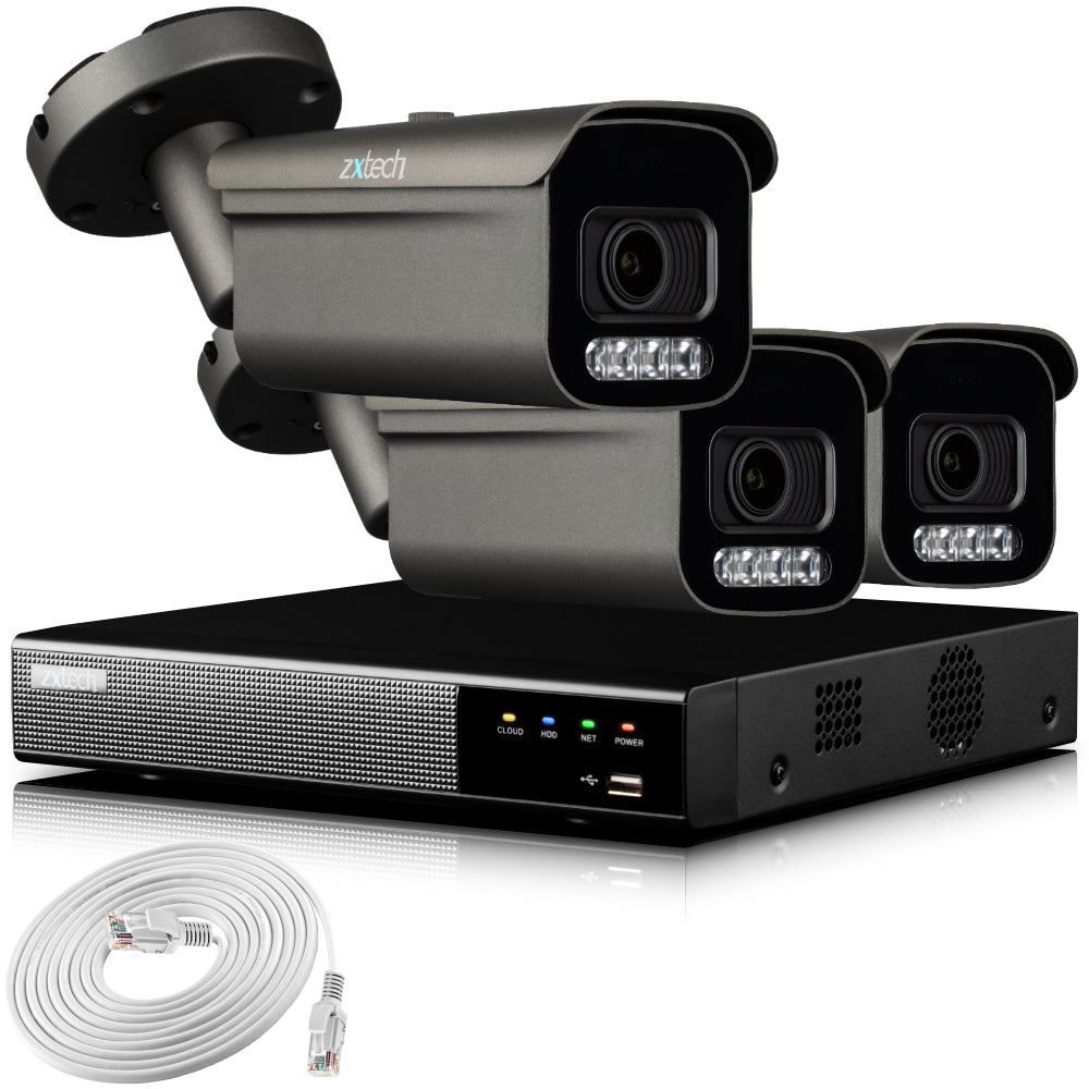 Zxtech 4K CCTV System - 3 x IP PoE Cameras Motorised Lens Face Detection Outdoor Sony Starvis Enhanced Night Vision | RX3H4Z