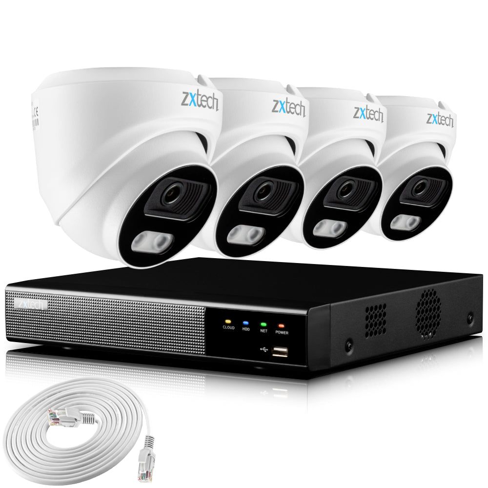 Zxtech 4K CCTV System - 4 x IP PoE Cameras Audio Recording Face Detection Outdoor Sony Starvis | RX4A4Z