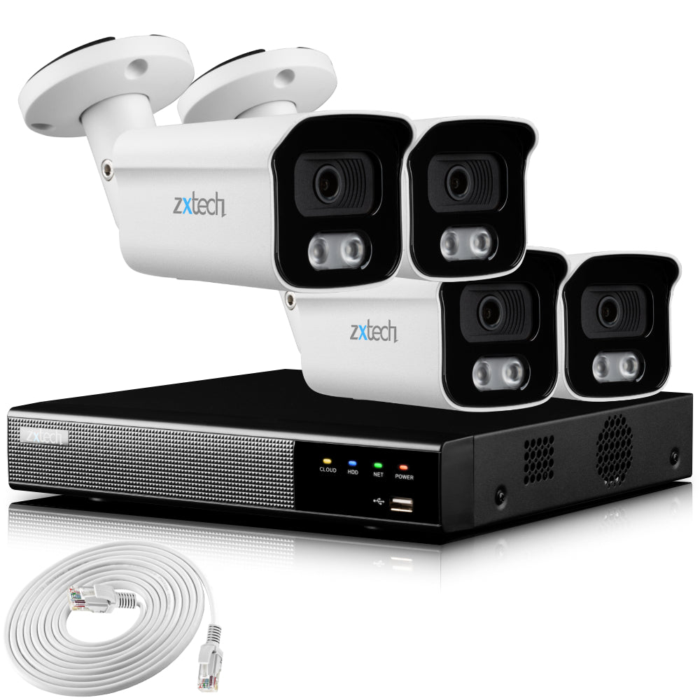 Zxtech 4K CCTV System - 4 x IP PoE Cameras Audio Recording Face Detection Outdoor Sony Starvis | RX4B4Z