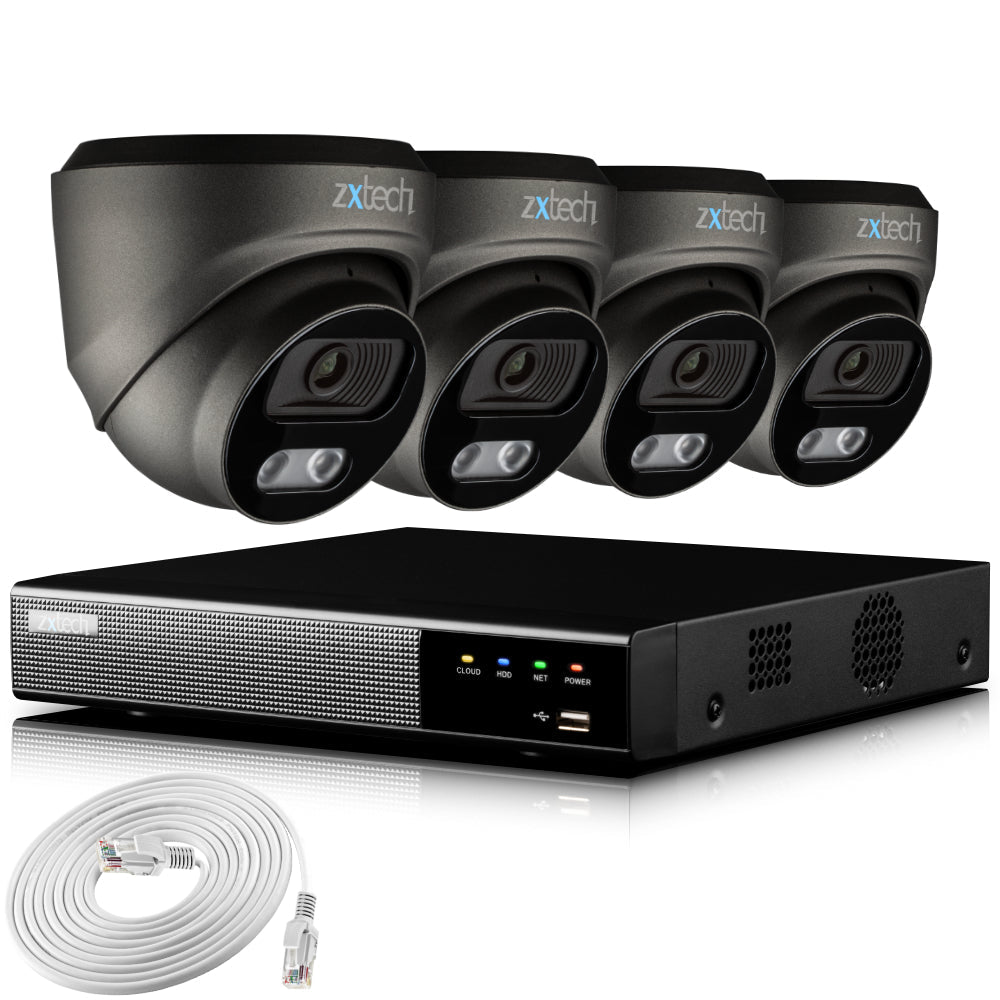 Zxtech 4K CCTV System - 4 x IP PoE Cameras Audio Recording Face Detection Outdoor Sony Starvis | RX4E4Z