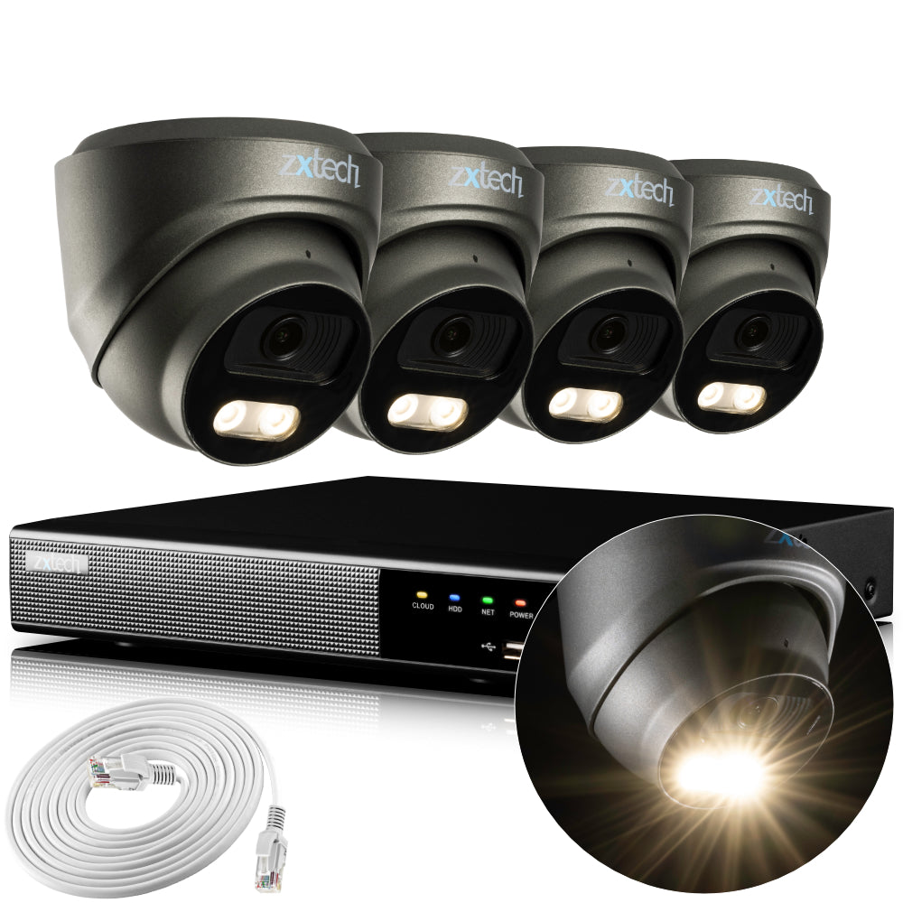 Zxtech 4K CCTV System - 4 x IP PoE Cameras Audio Recording Face Detection Outdoor Sony Starvis | RX4E4Z