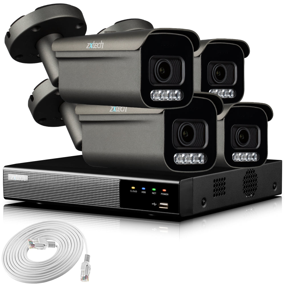 Zxtech 4K CCTV System - 4 x IP PoE Cameras Motorised Lens Face Detection Outdoor Sony Starvis Enhanced Night Vision | RX4H4Z