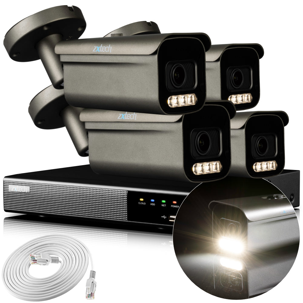 Zxtech 4K CCTV System - 4 x IP PoE Cameras Motorised Lens Face Detection Outdoor Sony Starvis Enhanced Night Vision | RX4H4Z