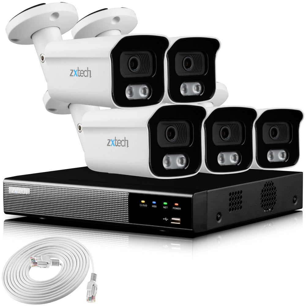 Zxtech 4K CCTV System - 5 x IP PoE Cameras Audio Recording Face Detection Outdoor Sony Starvis | RX5B9Y