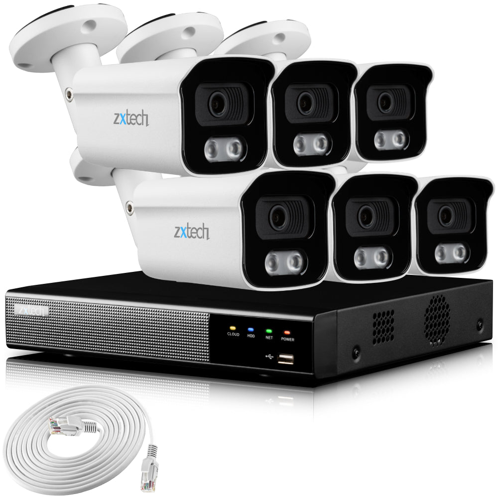 Zxtech 4K CCTV System - 6 x IP PoE Cameras Audio Recording Face Detection Outdoor Sony Starvis | RX6B9Y
