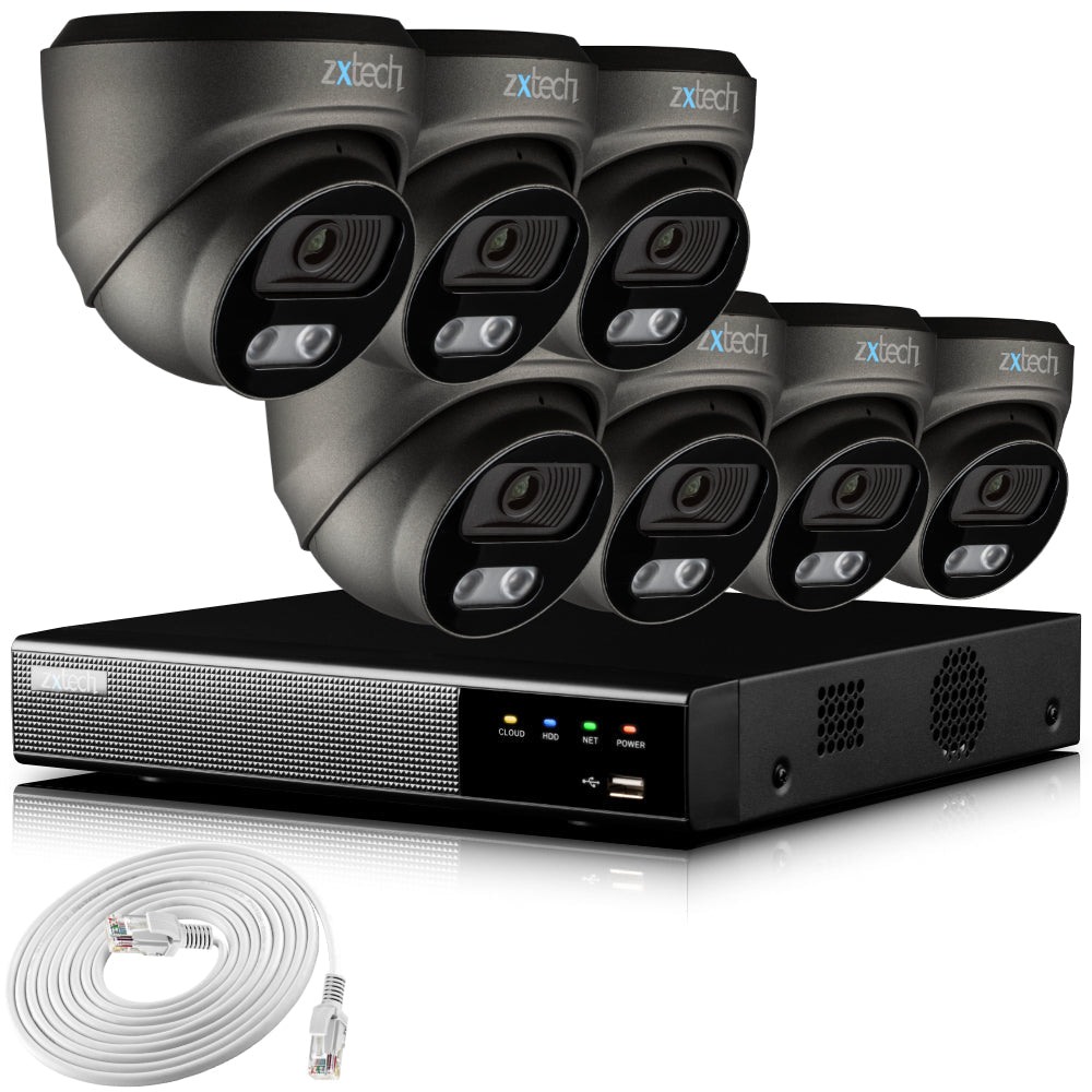 Zxtech 4K CCTV System - 7 x IP PoE Cameras Audio Recording Face Detection Outdoor Sony Starvis | RX7E9Y