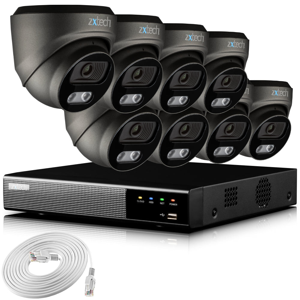 Zxtech 4K CCTV System - 8 x IP PoE Cameras Audio Recording Face Detection Outdoor Sony Starvis | RX8E9Y