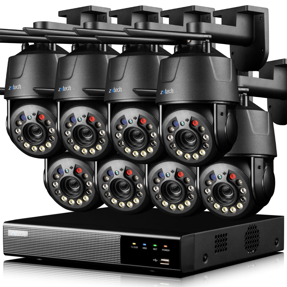 Zxtech 5MP/4K Wireless PTZ CCTV System - 8 x WiFi Security Camera 5X/10X/20X Auto Zoom Colour Night Vision Outdoor 2-Way-Audio 9CH Sony Starvis