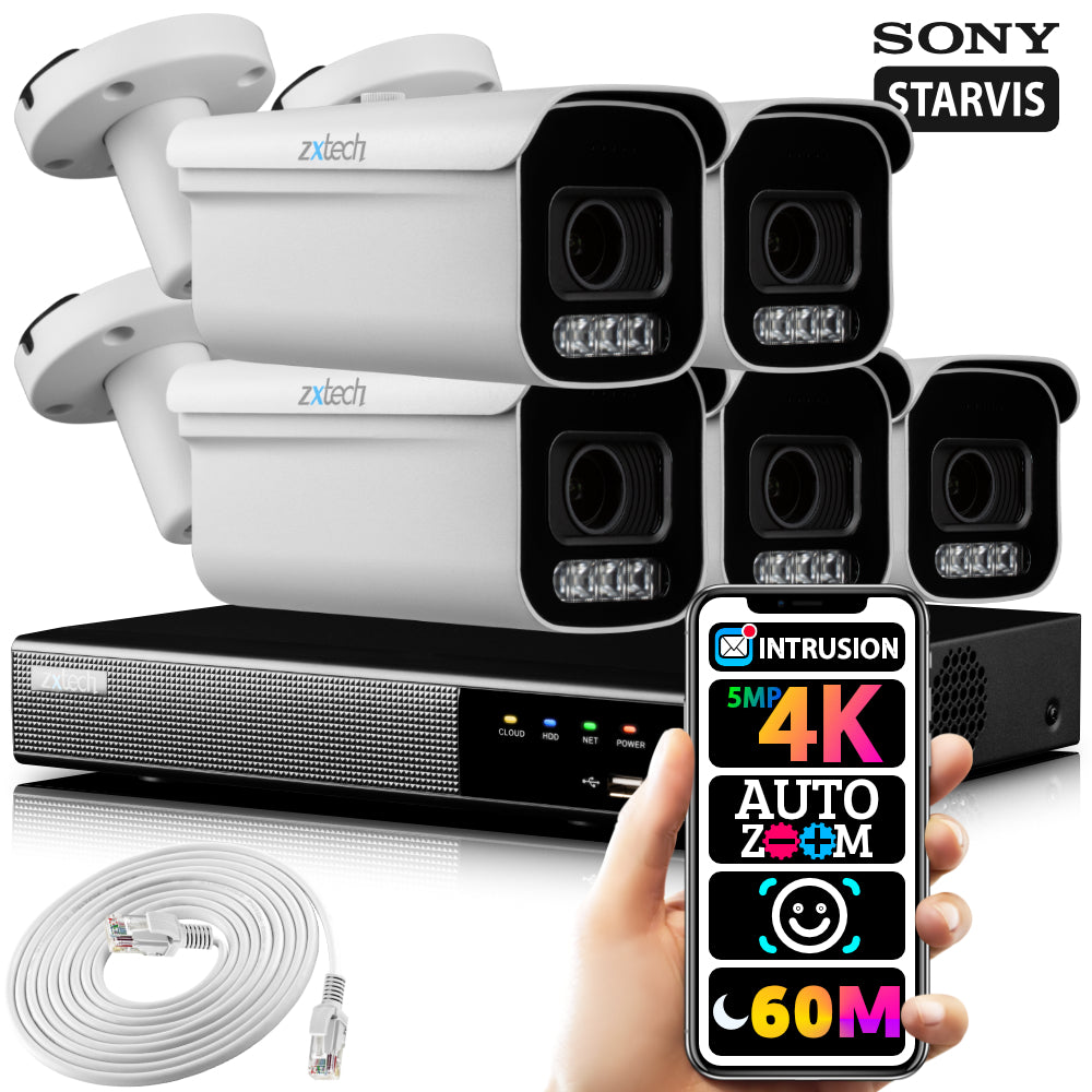 Zxtech 5MP 4K 60M IR Auto Zoom PoE Camera CCTV Face Recognition System RX5D9Y