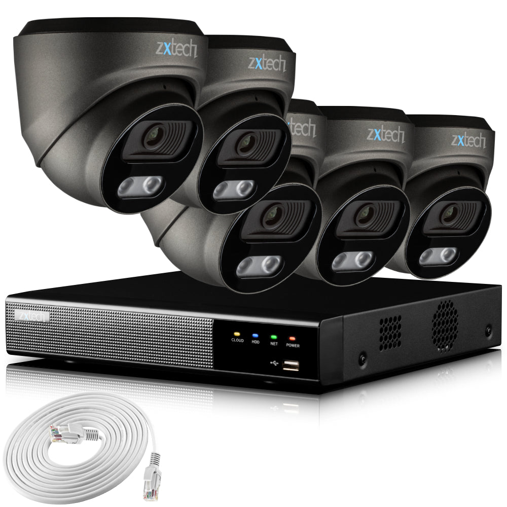 Zxtech 4K CCTV System - 5 x IP PoE Cameras Audio Recording Face Detection Outdoor Sony Starvis | RX5E9Y