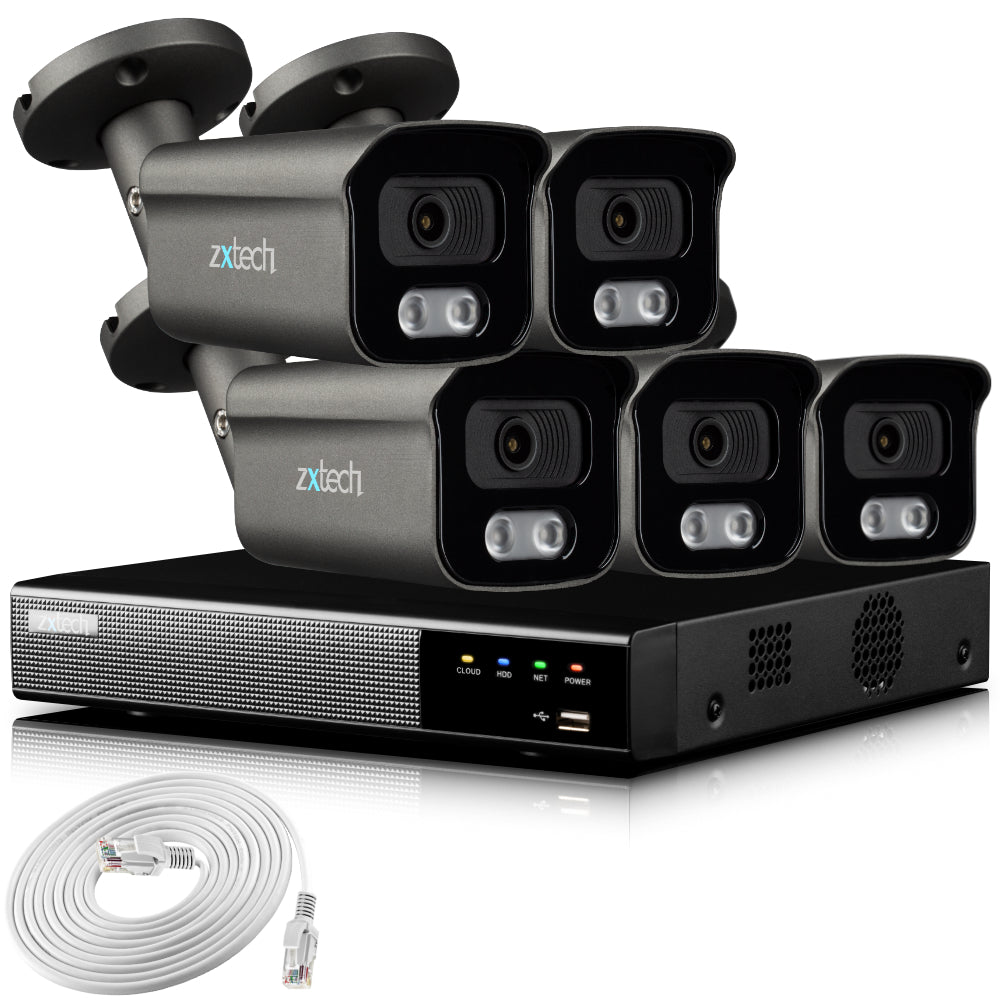 Zxtech 4K CCTV System - 5 x IP PoE Cameras Audio Recording Face Detection Outdoor Sony Starvis | RX5F9Y
